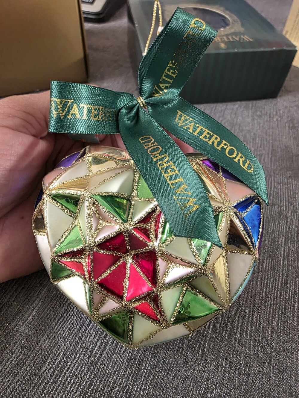 Waterford Multicolor Geometric Heart Ornament with Green Ribbon